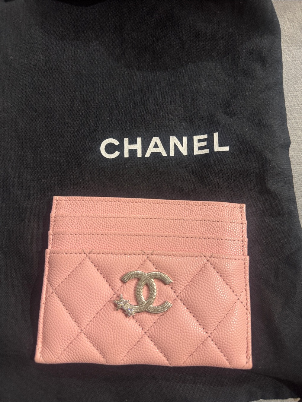 CHANEL Pink Quilted Card Case with Silver CC Charm